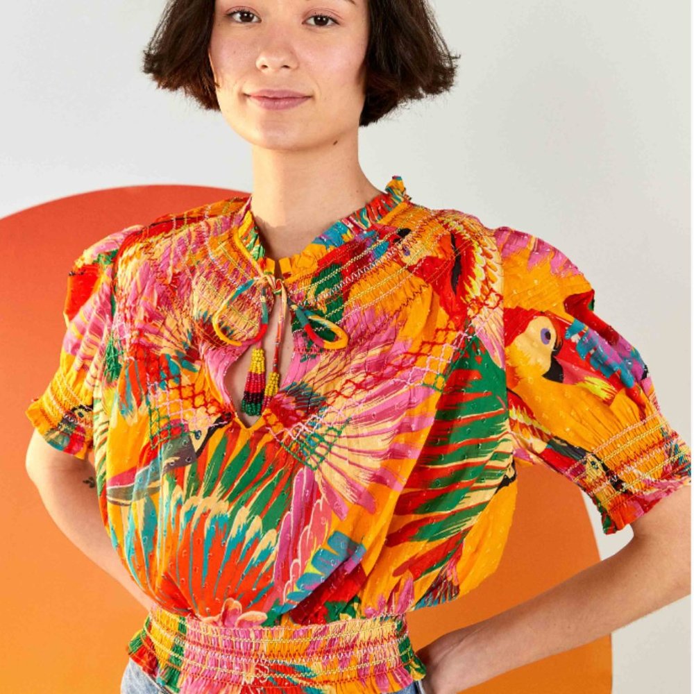 NWOT Farm Rio | Orange Colorful Toucans Embroidered Blouse